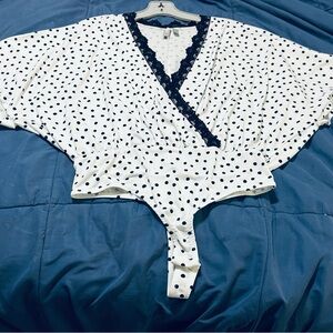 ASOS Polka Dot Wrap Bodysuit Lace Trim Thong Back White Black